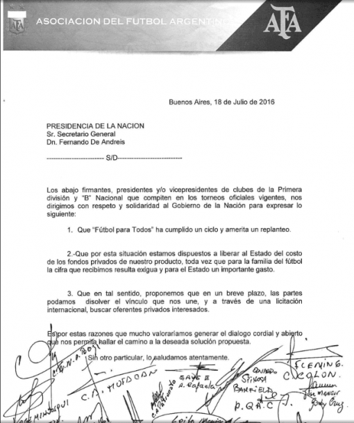 imagen Carta enviada por la AFA al secretario general de Presidencia | Fuente: BigBang! News