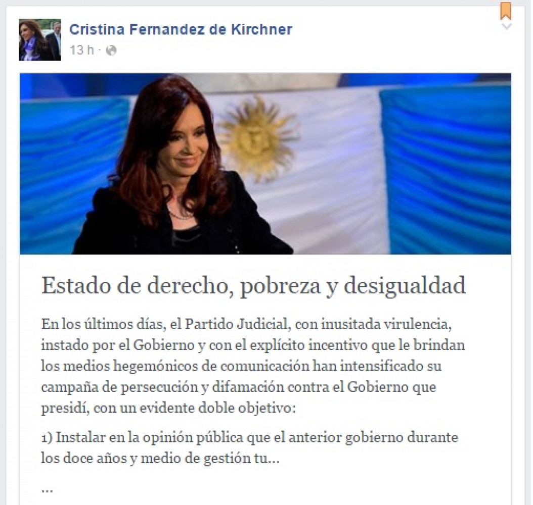 Cristina denuncia una "venganza" del "Partido Judicial, el Gobierno y los medios"