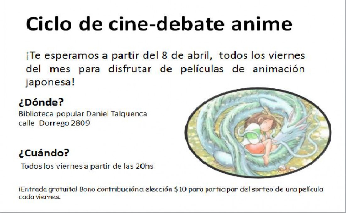  ¡Ciclo de cine-debate anime a beneficio de la Biblioteca Popular Daniel Talquenca!