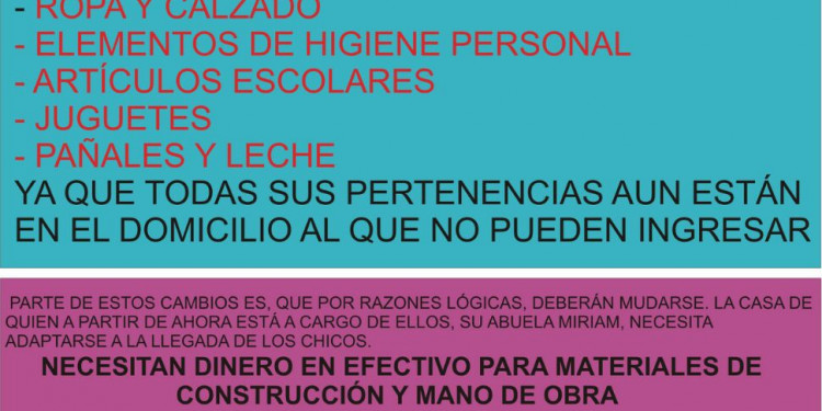 Recolectan ropa y otros elementos para los hijos de Claudia Arias