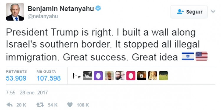 Netanyahu aclaró que no apoya la construcción del muro entre México y Estados Unidos